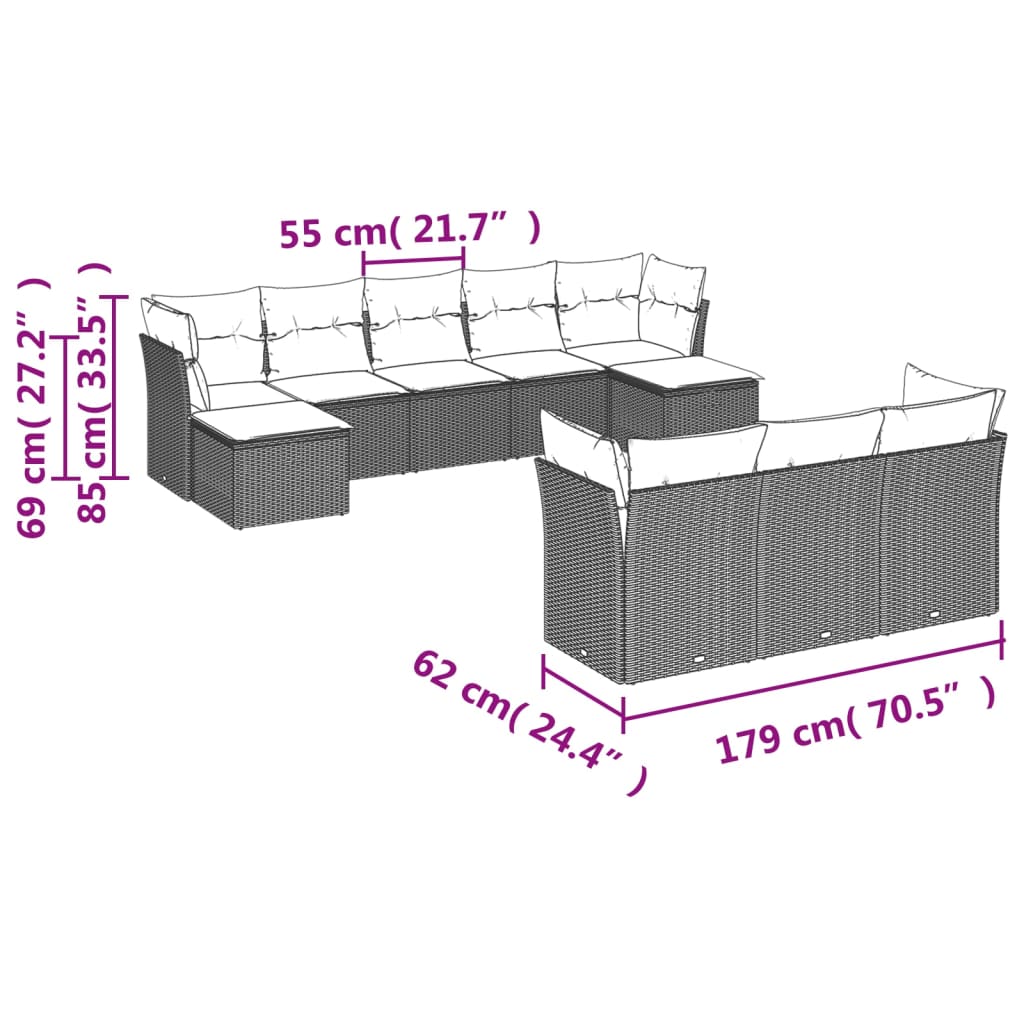 Garden furniture set with cushions, 10 pieces, grey, polyrattan