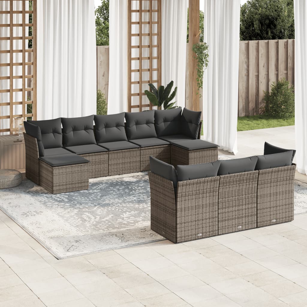 Garden furniture set with cushions, 10 pieces, grey, polyrattan