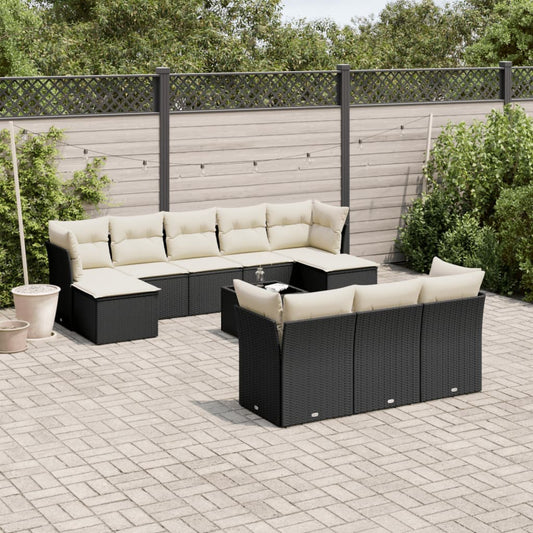 Garden sofa set with cushions, 11 pieces, black, polyrattan