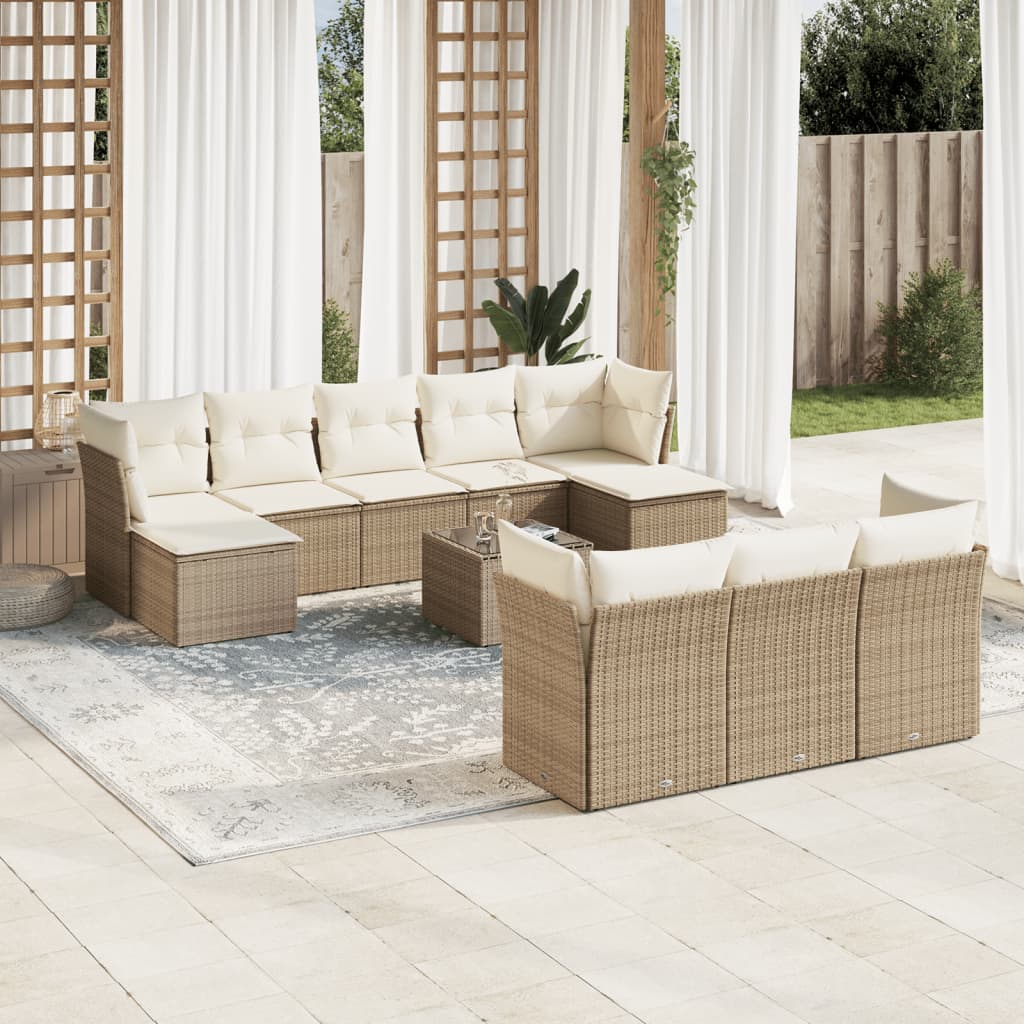 Garden sofa set with cushions, 11 pieces, beige, polyrattan