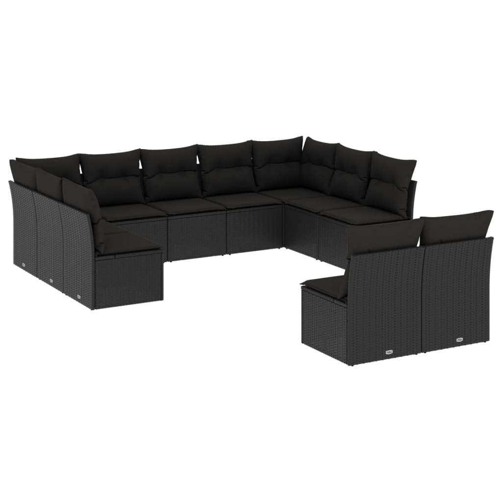 Garden sofa set with cushions, 11 pieces, black, polyrattan