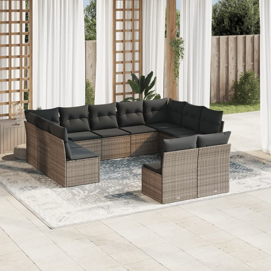 Garden sofa set with cushions, 11 pieces, grey, poly rattan