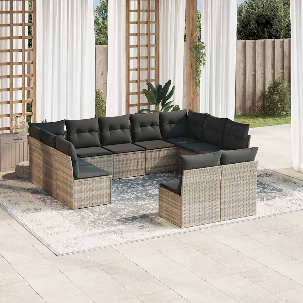 Garden sofa set with cushions, 11 pieces, grey, poly rattan