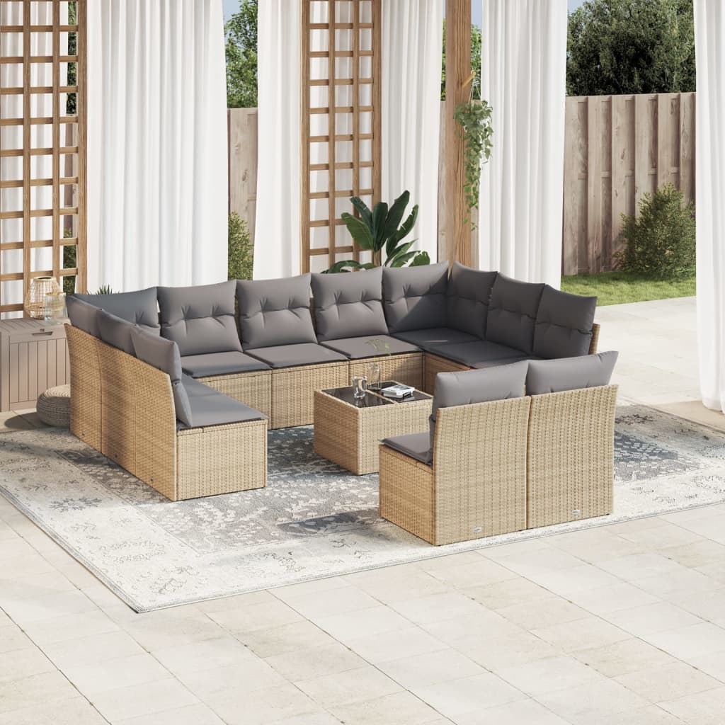 Garden sofa set with cushions, 12 pieces, beige, polyrattan