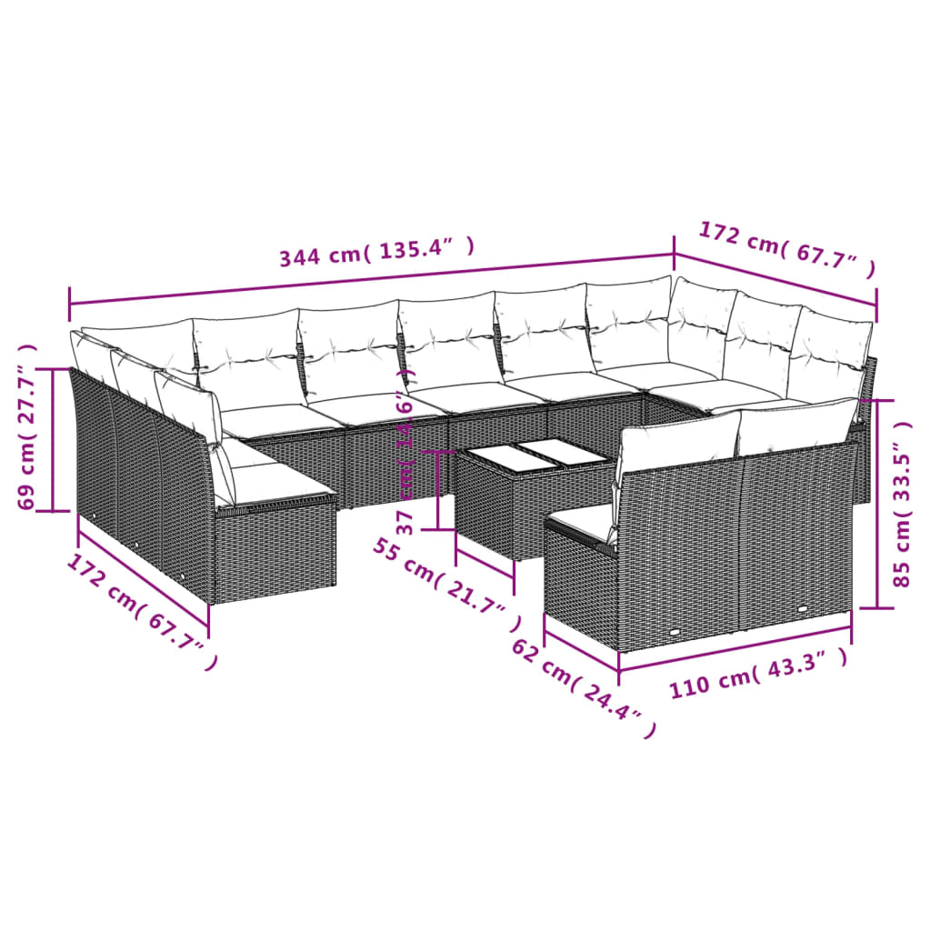 Garden sofa set, 13 pieces, with cushions, beige, polyrattan