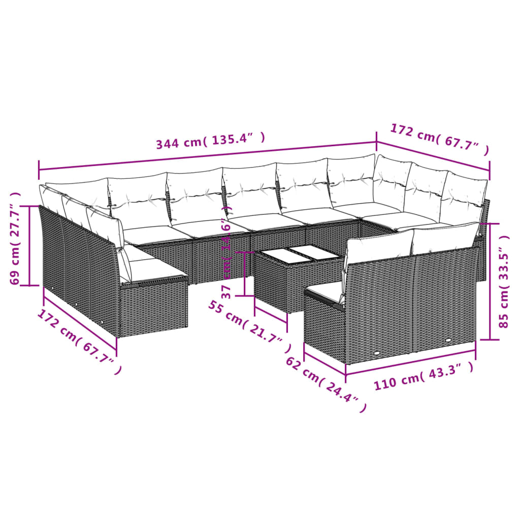 Set mobilier de grădină cu perne, 13 piese, gri, poliratan