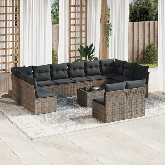 Garden furniture set with cushions, 13 pieces, grey, poly rattan