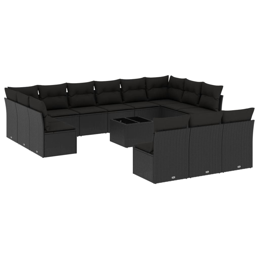 Garden furniture set with cushions, 14 pieces, black, polyrattan