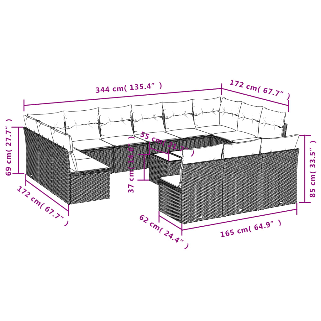 Set mobilier de grădină cu perne, 14 piese, negru, poliratan