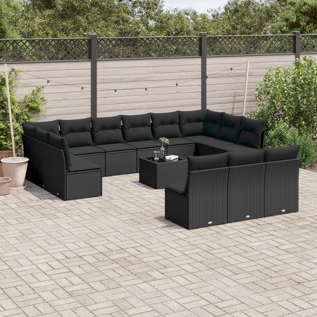 Garden furniture set with cushions, 14 pieces, black, polyrattan