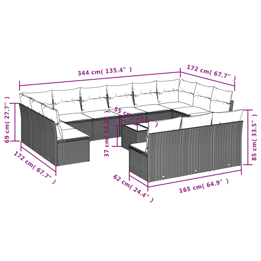 Garden furniture set with cushions, 14 pieces, grey, polyrattan