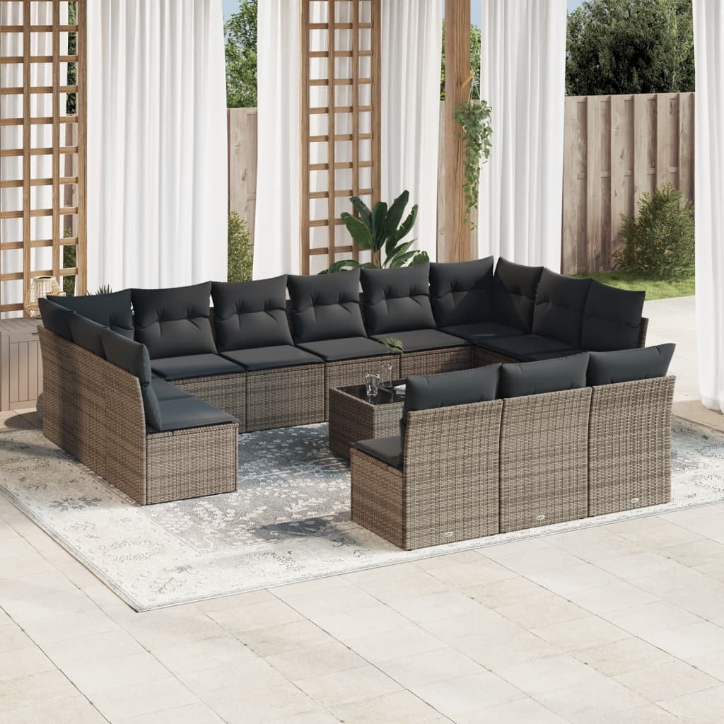 Garden furniture set with cushions, 14 pieces, grey, polyrattan