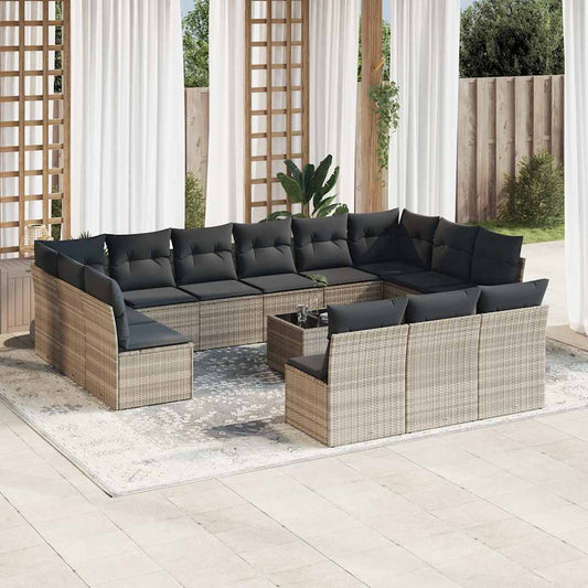 Garden furniture set with cushions, 14 pieces, light grey, poly rattan