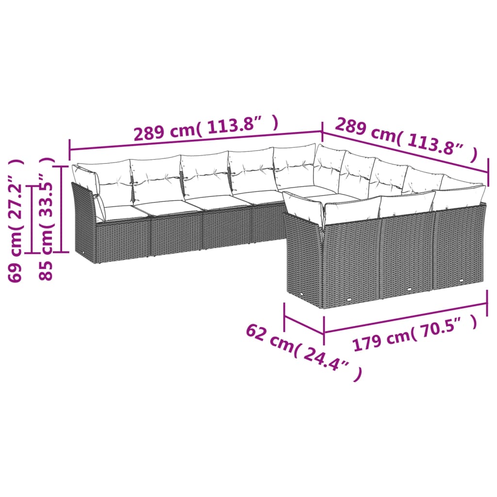 Garden sofa set with cushions, 11 pieces, beige, polyrattan