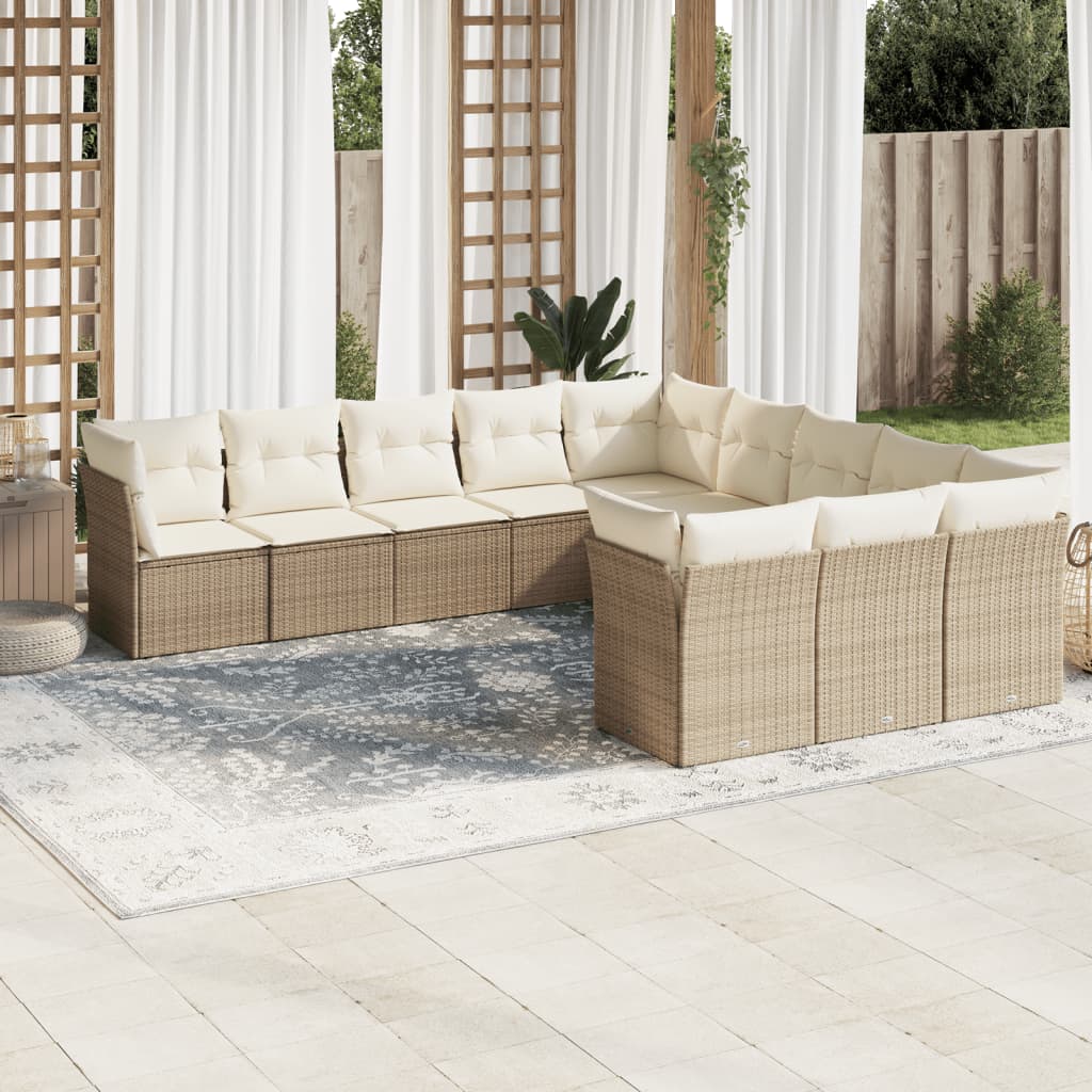 Garden sofa set with cushions, 11 pieces, beige, polyrattan