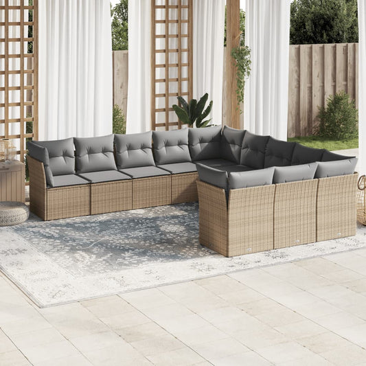 Garden sofa set with cushions, 11 pieces, beige, polyrattan