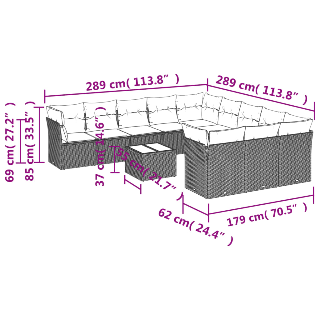 Garden sofa set with cushions, 12 pieces, brown, polyrattan