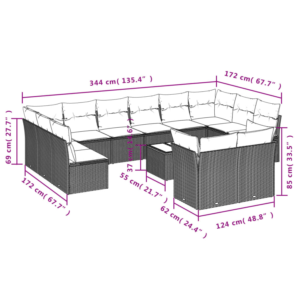 Garden sofa set, 13 pieces, with cushions, beige, polyrattan