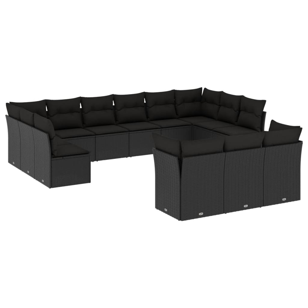 Garden furniture set with cushions, 13 pieces, black, polyrattan