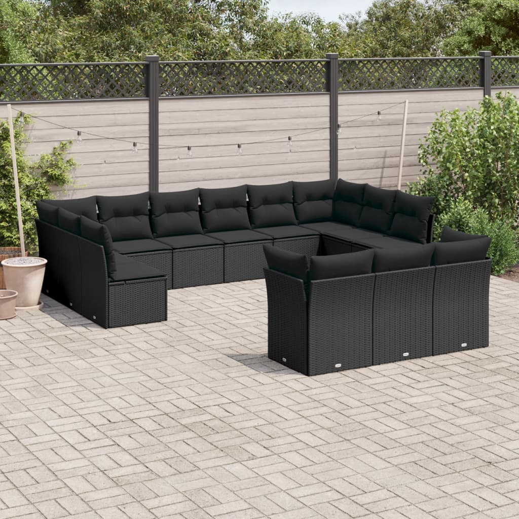 Garden furniture set with cushions, 13 pieces, black, polyrattan