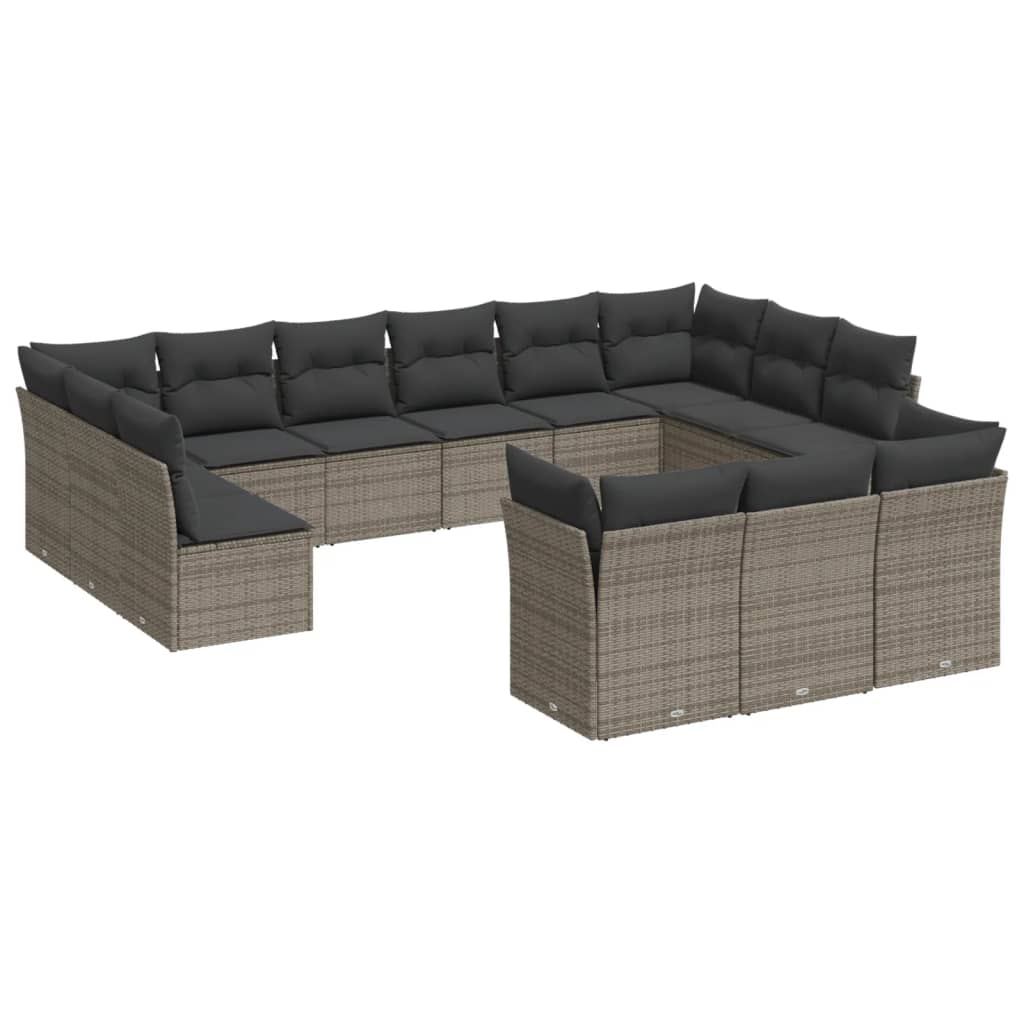 Garden furniture set with cushions, 13 pieces, grey, poly rattan