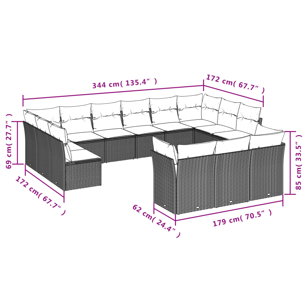 Garden furniture set with cushions, 13 pieces, grey, poly rattan