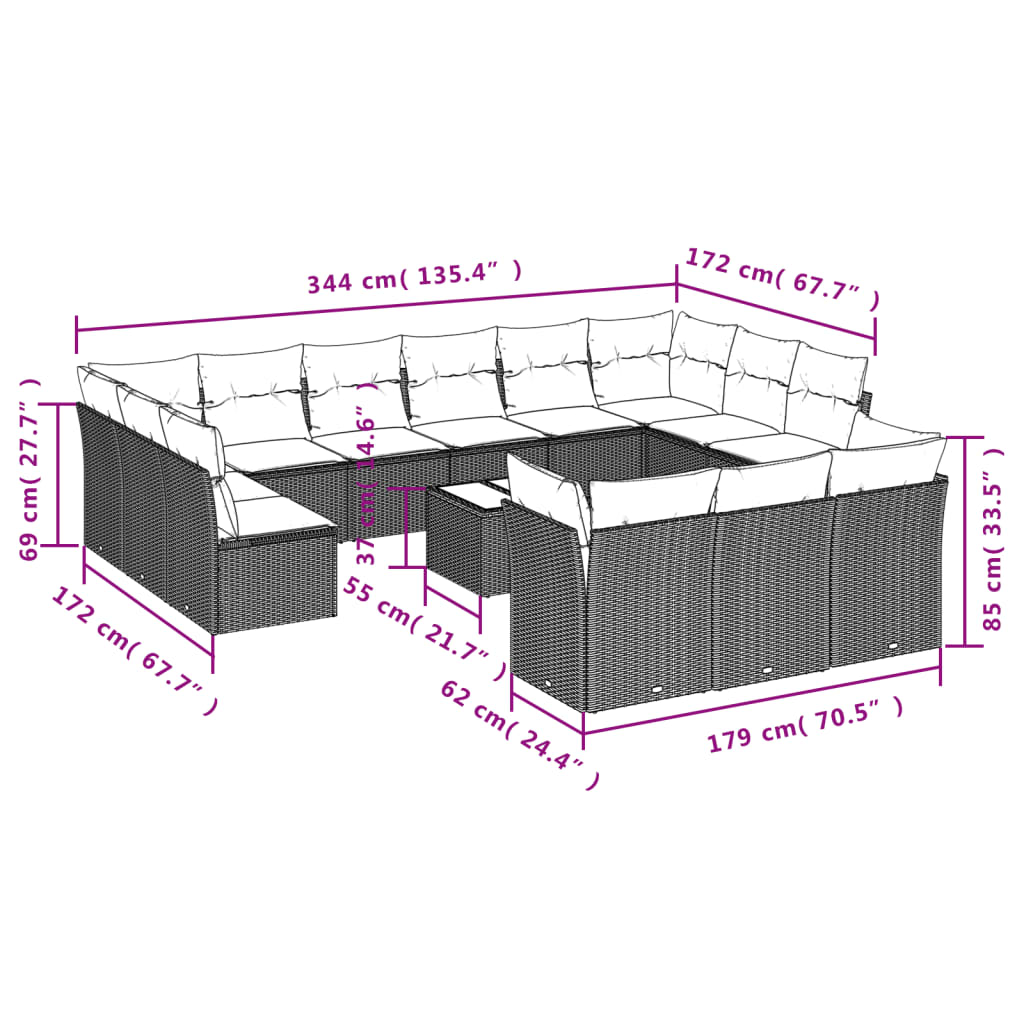 Garden sofa set, 14 pieces, with cushions, beige, polyrattan