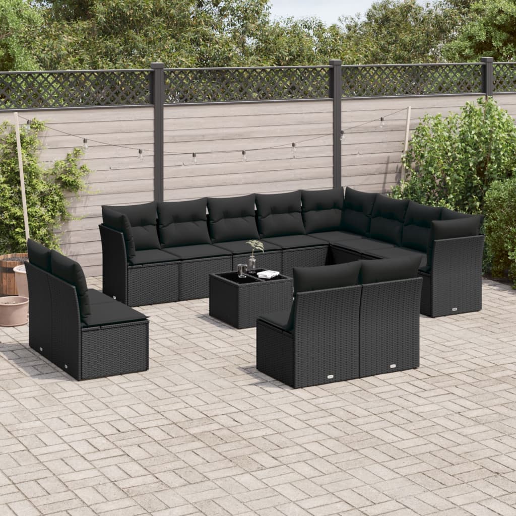 Garden furniture set with cushions, 13 pieces, black, polyrattan