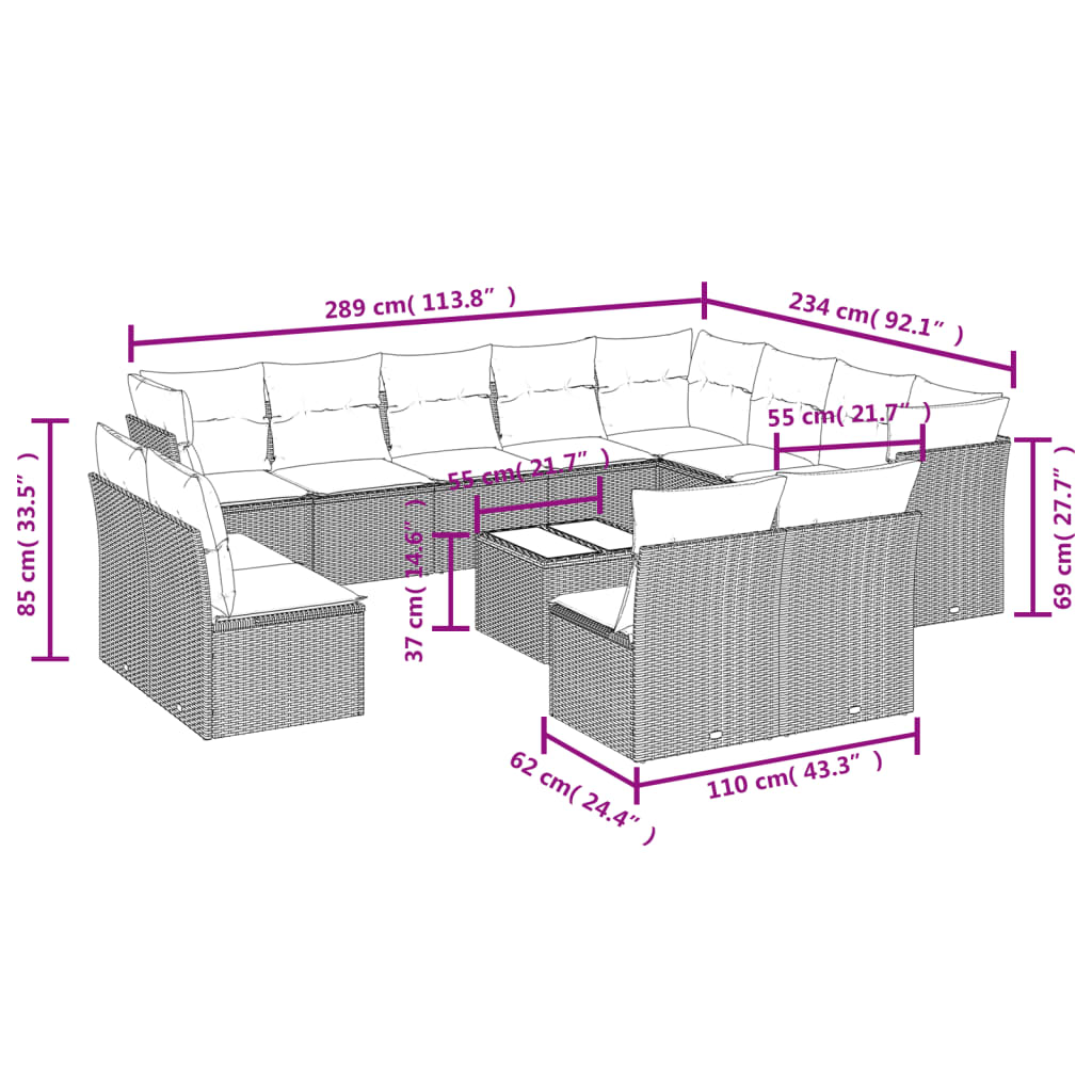 Garden furniture set with cushions, 13 pieces, grey, poly rattan