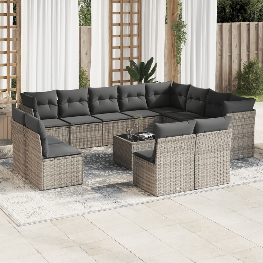 Garden furniture set with cushions, 13 pieces, grey, poly rattan