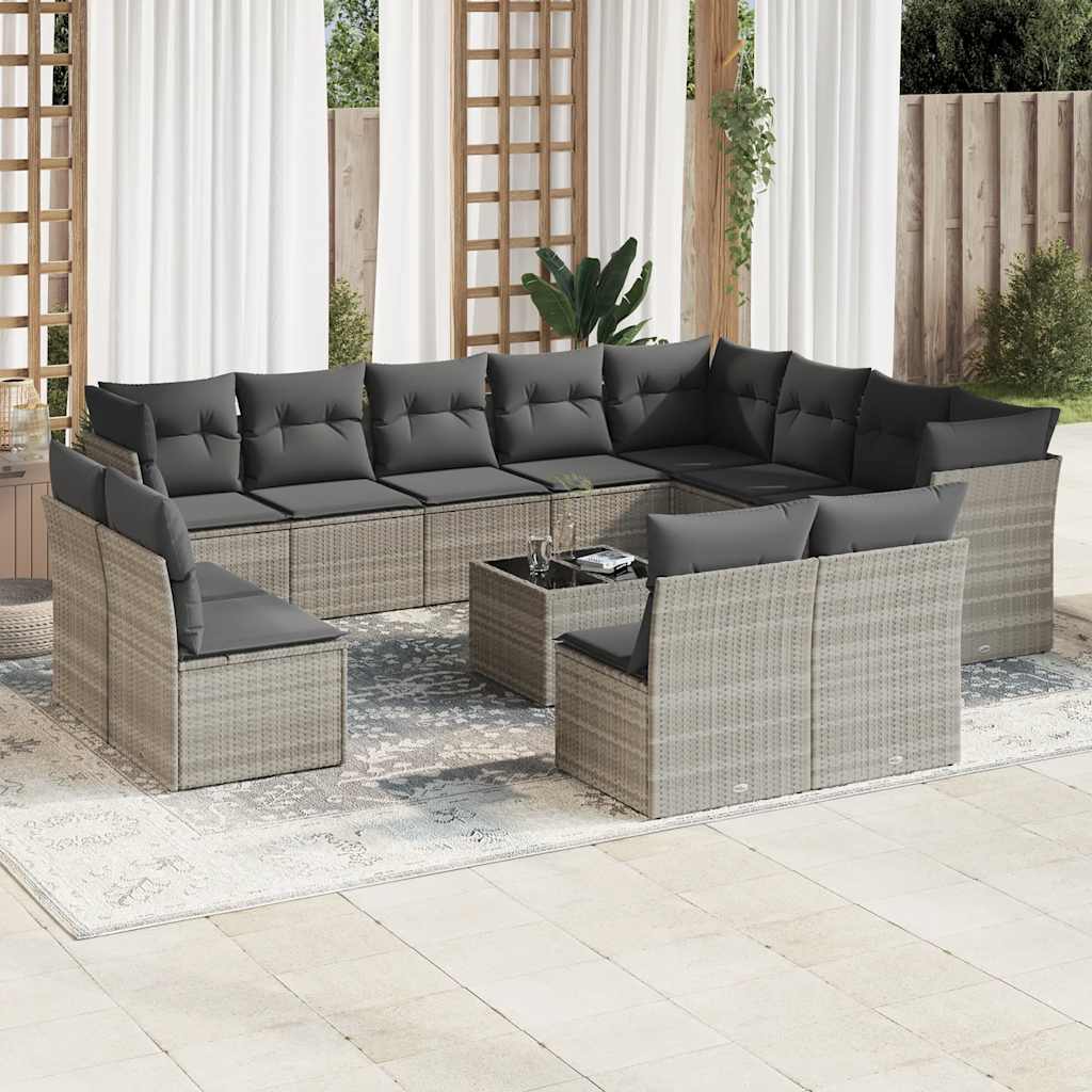 Garden sofa set with cushions, 13 pieces, light grey, polyrattan