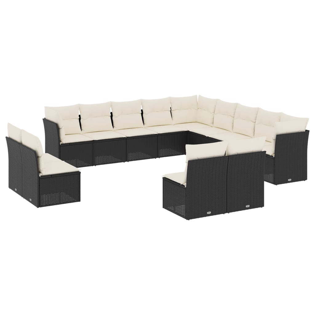 Set mobilier de grădină cu perne, 13 piese, negru, poliratan