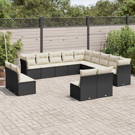 Garden furniture set with cushions, 13 pieces, black, polyrattan