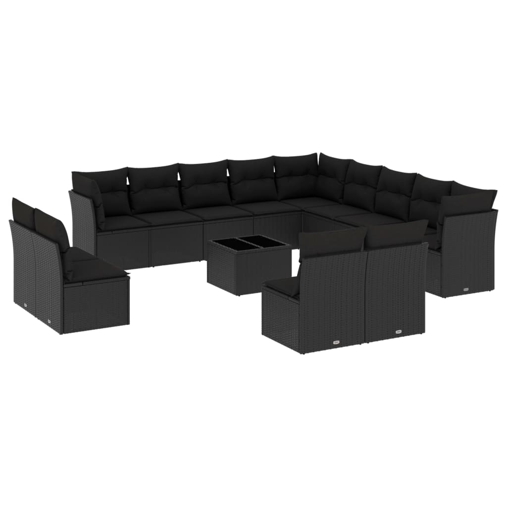 Set mobilier de grădină cu perne, 14 piese, negru, poliratan