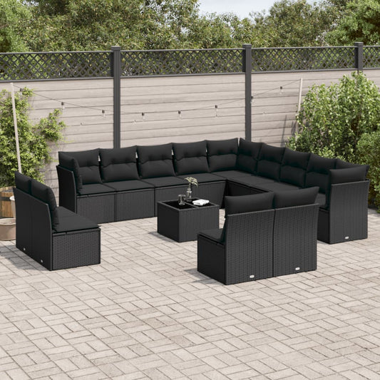 Garden furniture set with cushions, 14 pieces, black, polyrattan