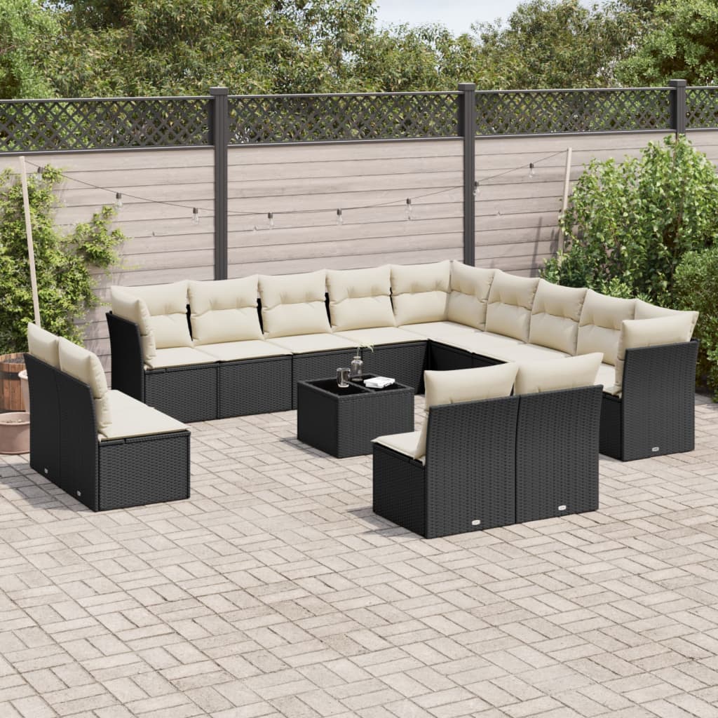 Garden furniture set with cushions, 14 pieces, black, polyrattan