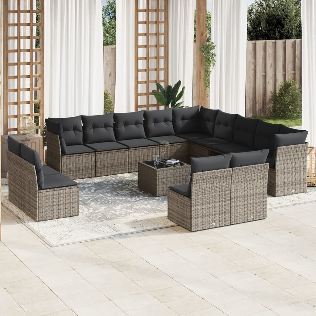 Garden furniture set with cushions, 14 pieces, grey, polyrattan