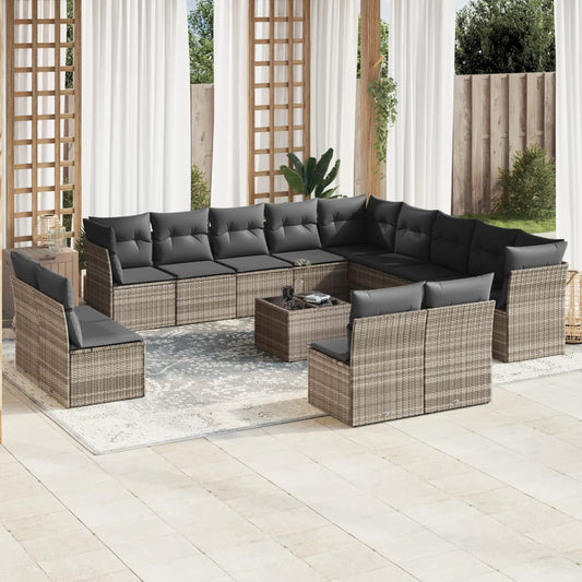 Garden furniture set with cushions, 14 pieces, light grey, poly rattan