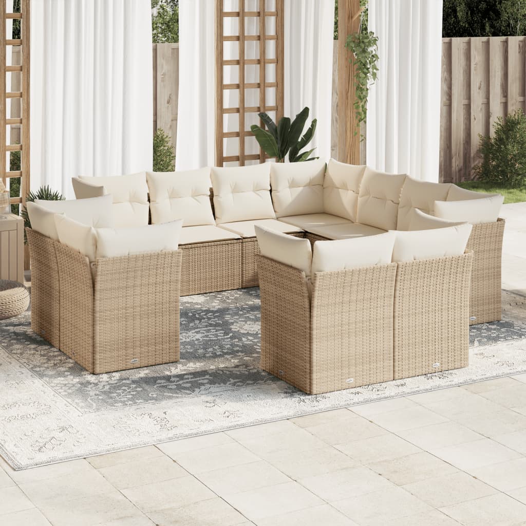 Garden sofa set with cushions, 11 pieces, beige, polyrattan