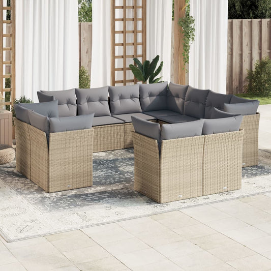 Garden sofa set with cushions, 11 pieces, beige, polyrattan