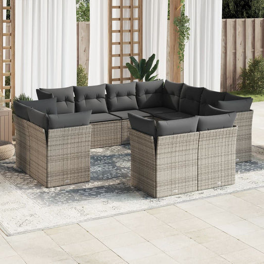 Garden sofa set with cushions, 11 pieces, grey, poly rattan