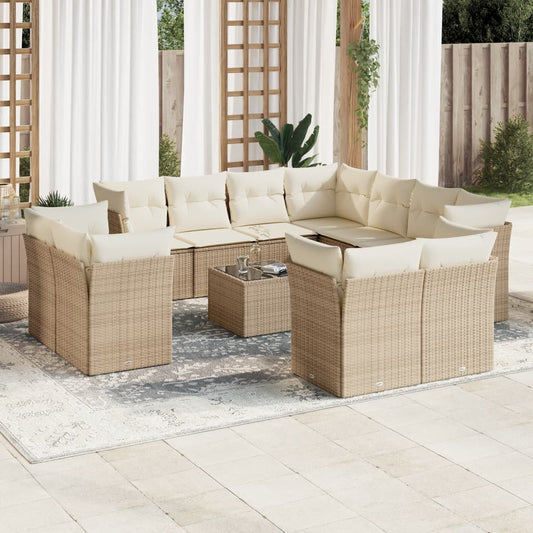 Garden sofa set with cushions, 12 pieces, beige, polyrattan