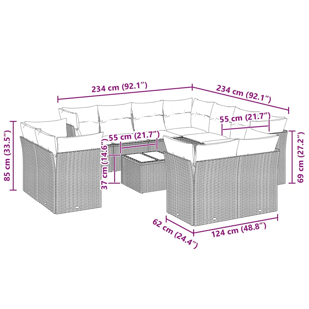 Garden sofa set with cushions, 12 pieces, light grey, polyrattan