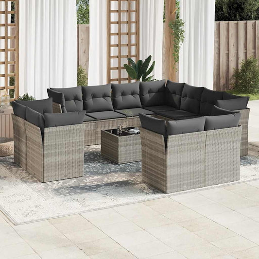 Garden sofa set with cushions, 12 pieces, light grey, polyrattan