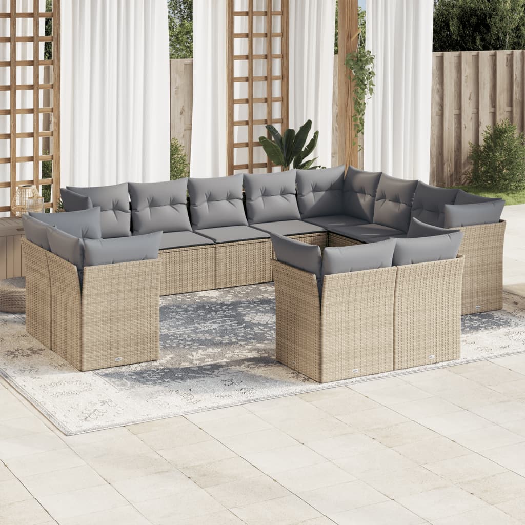 Garden sofa set with cushions, 12 pieces, beige, polyrattan