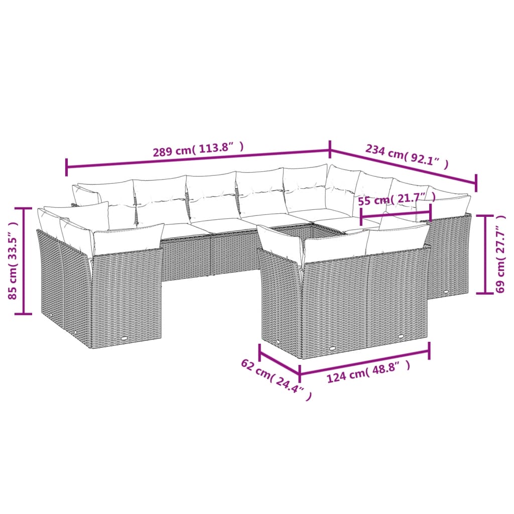 Garden sofa set with cushions, 12 pieces, grey, poly rattan