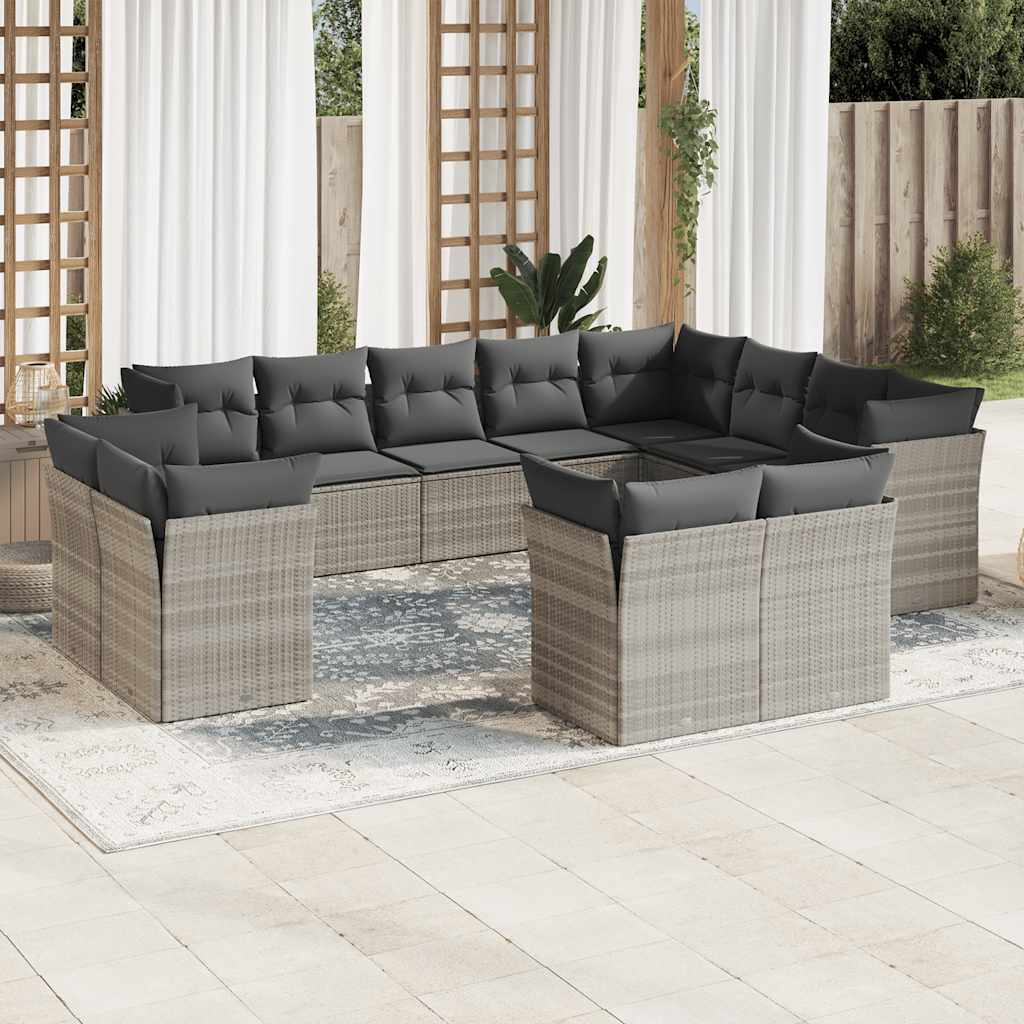 Garden sofa set with cushions, 12 pieces, light grey, polyrattan