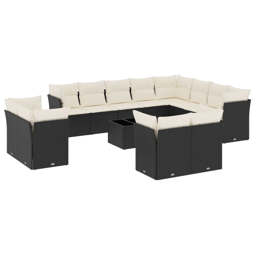 Set mobilier de grădină cu perne, 13 piese, negru, poliratan