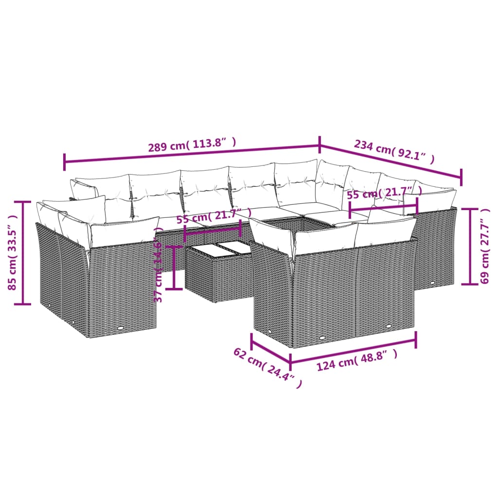 Set mobilier de grădină cu perne, 13 piese, negru, poliratan