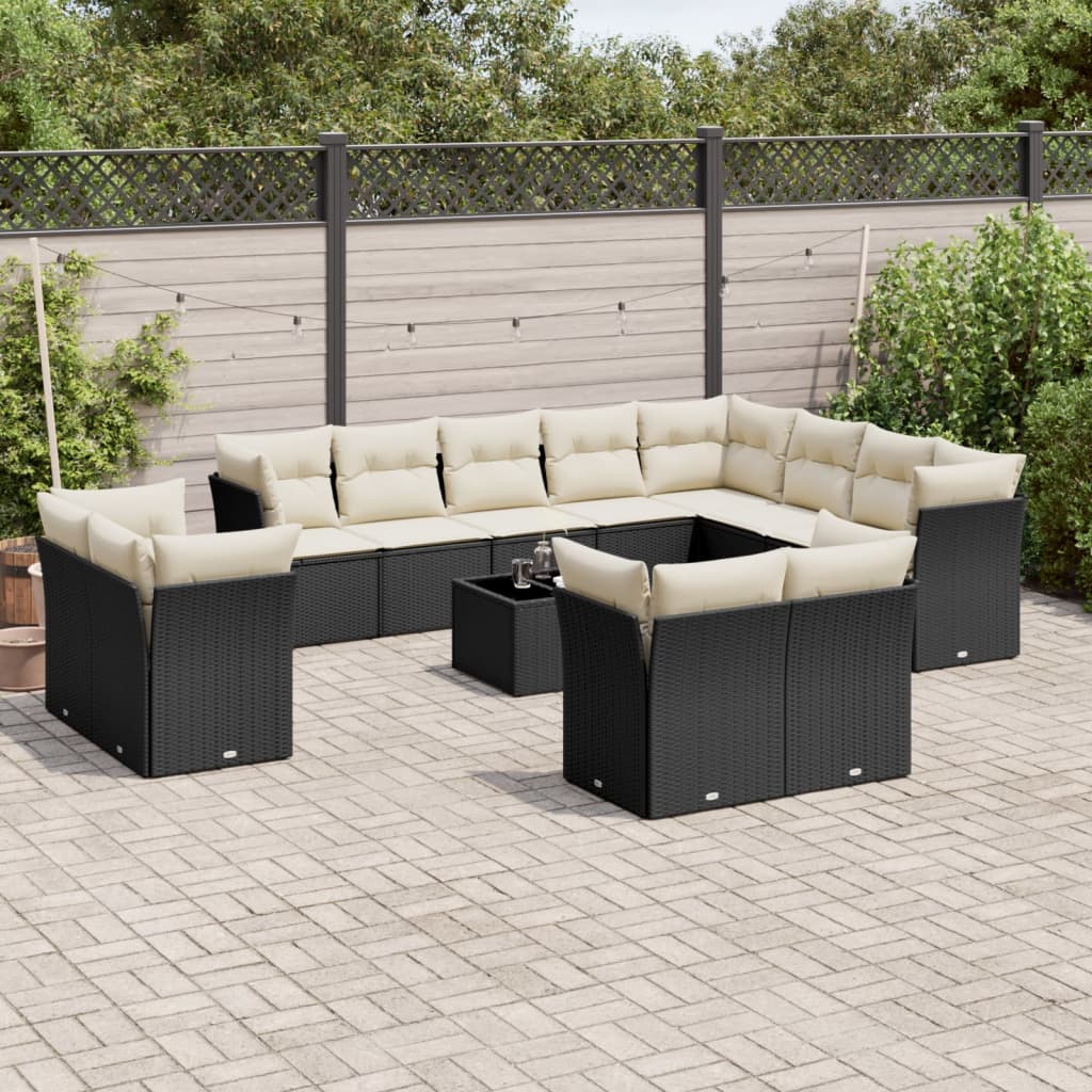 Garden furniture set with cushions, 13 pieces, black, polyrattan